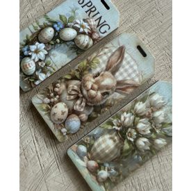   Tavaszi dekor fa biléták - Nyuszi váza- koszorú   3 darabos szettben 