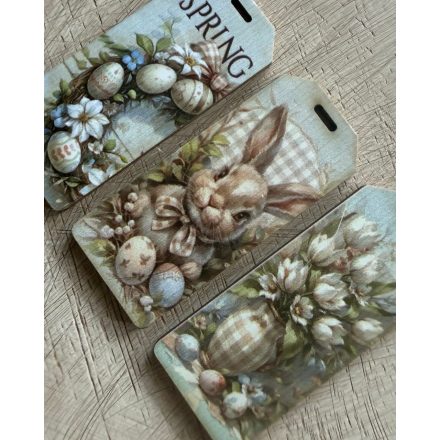 Tavaszi dekor fa biléták - Nyuszi váza- koszorú   3 darabos szettben 